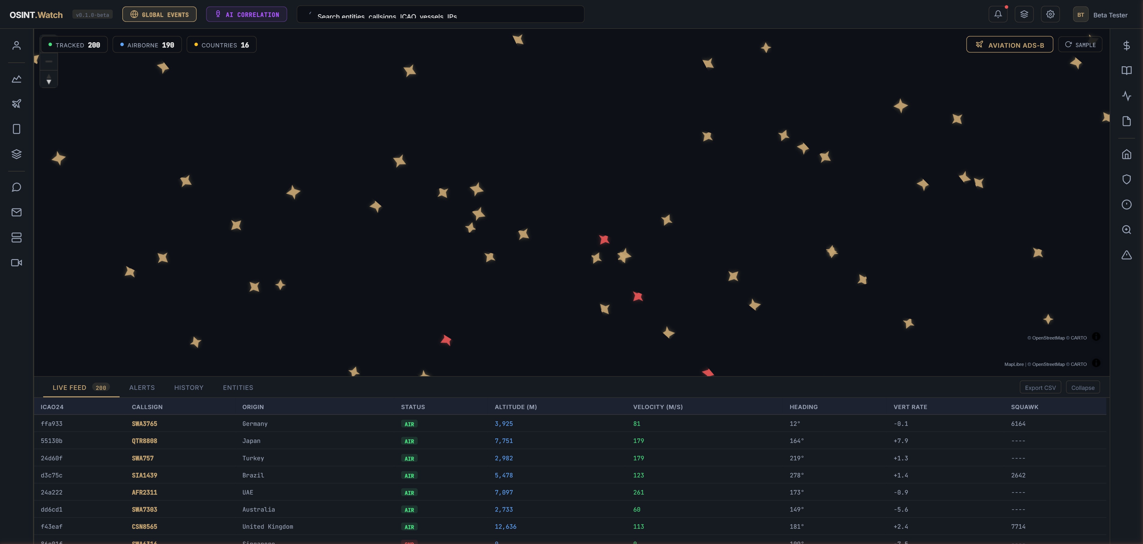 OSINT.Watch operations dashboard with live ADS-B aviation tracking, dual sidebars, and real-time flight data table
